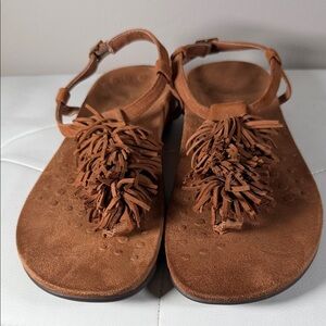 Vionic Tan Suede Fringe Sandals